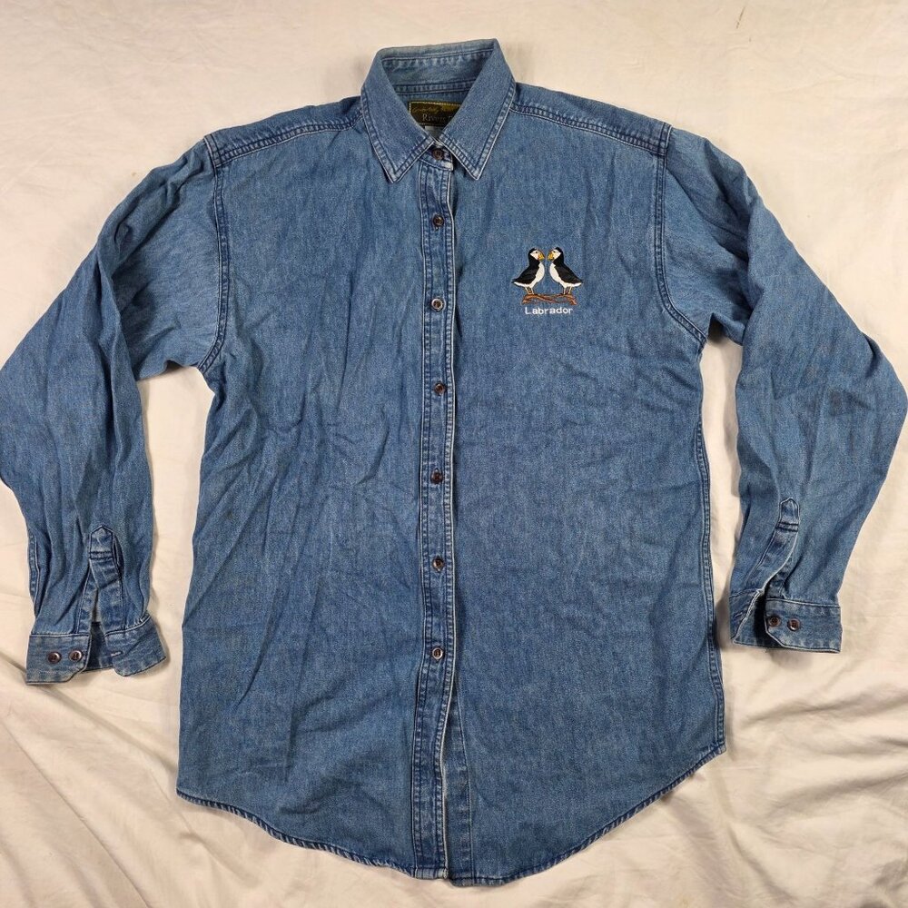 Rivers End Mens Medium Blue Denim Shirt Labrador Embroidered Long Sleeve Casual